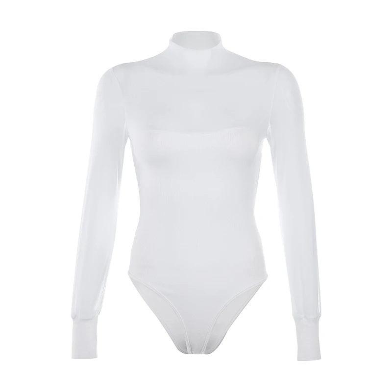 Белый Weekeep сетки лоскутное с длинным рукавом боди для женщин Белый High Street Bodycon сексуальный комбинезон боди Femme - Цвет: Белый