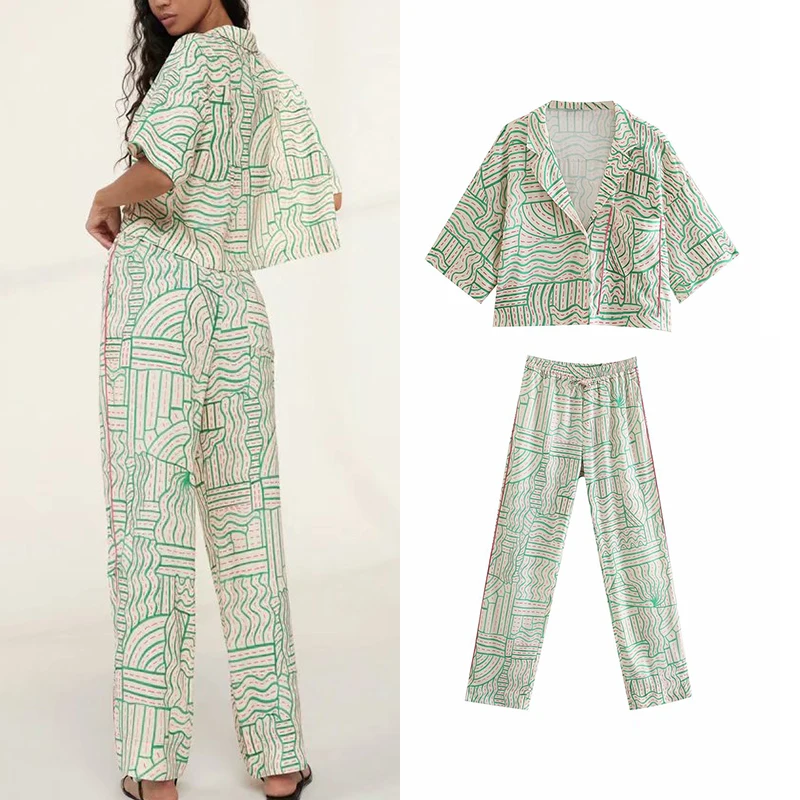 

ZA 2 Pieces Women Shirt + Pants Set 2021 Printed Soft Turn Down Collar Short Tops Drawstring Long Pant Fashion Girls Outfits