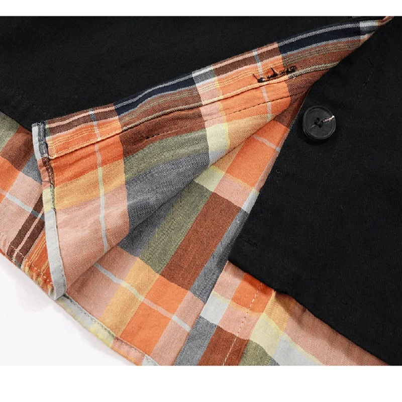 

Fake two-piece black single-breasted jacket female autumn plaid stitching couple casual jacket