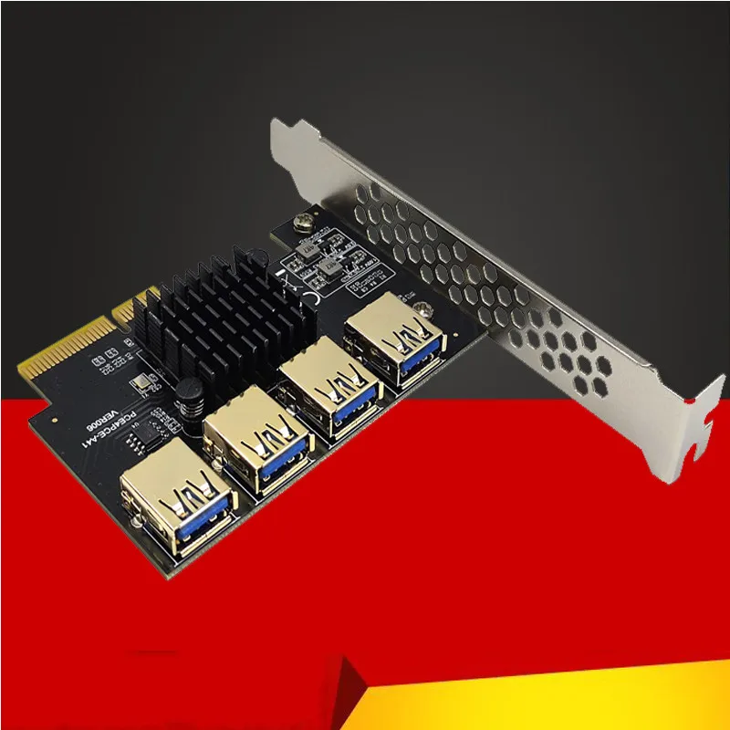 

NEW PCIE 1 to 4 Gold USB3.0 PCI-E X4 Riser Card 4 Ports USB 3.0 Multiplier Hub to Riser PCI Express 16X For Bitcoin Miner Mining