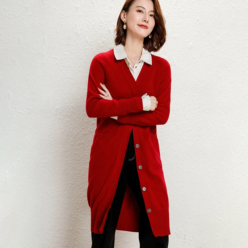 

LHZSYY 100%Wool Sweater Ladies Knitted Long Coat Wild Cashmere Cardigan Spring And Autumn Plus Size Hot Sale Coat 2021V-Neck New