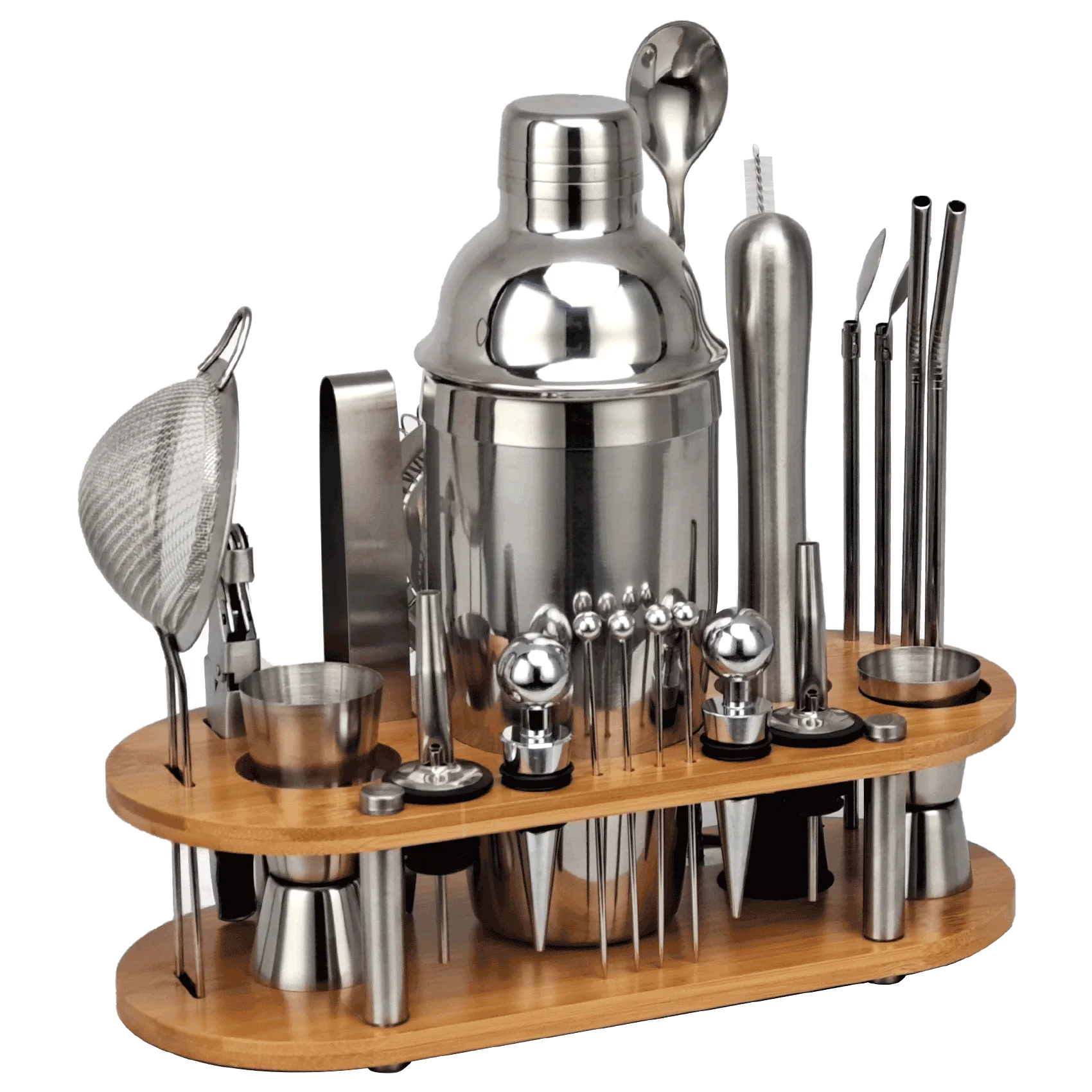 Juego de coctelera de 23 piezas, Kit de camarero con soporte de bamb&uacute; ovalado desmontable, herramientas de Bar para el hogar de acero inoxidable, regalo perfecto-0