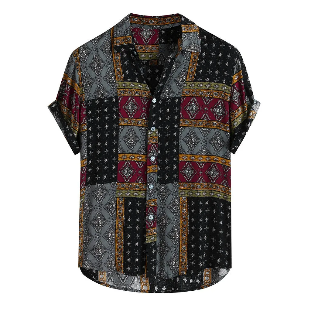 Men Shirt Ethnic Printed Shirts Summer Retro Vintage Streetwear Short Sleeves Button Harajuku Blouse chemise Homme Ropa Hombre