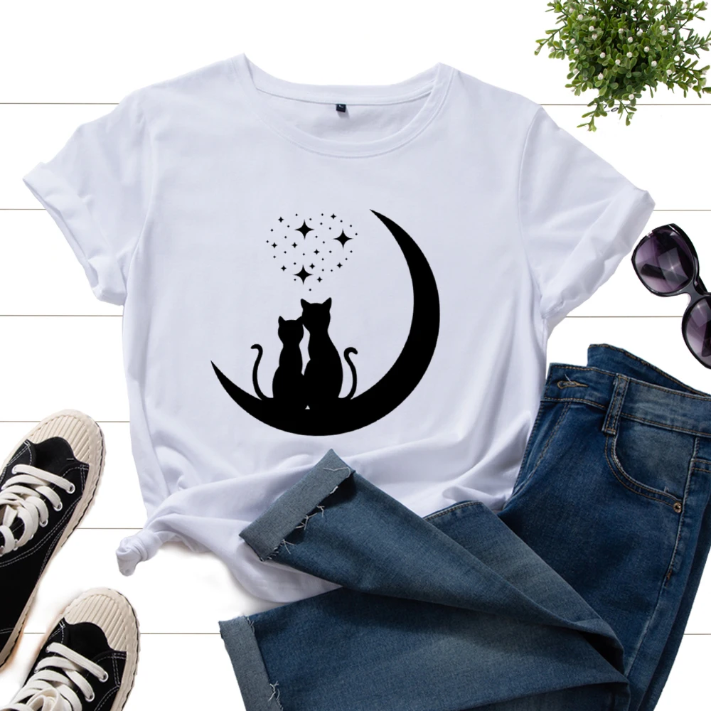 Graphic Tee for Women  Print T Shirts Short Sleeve Crew Neck Summer Tops Female Clothes Cats Moon Love Night Stars Happy