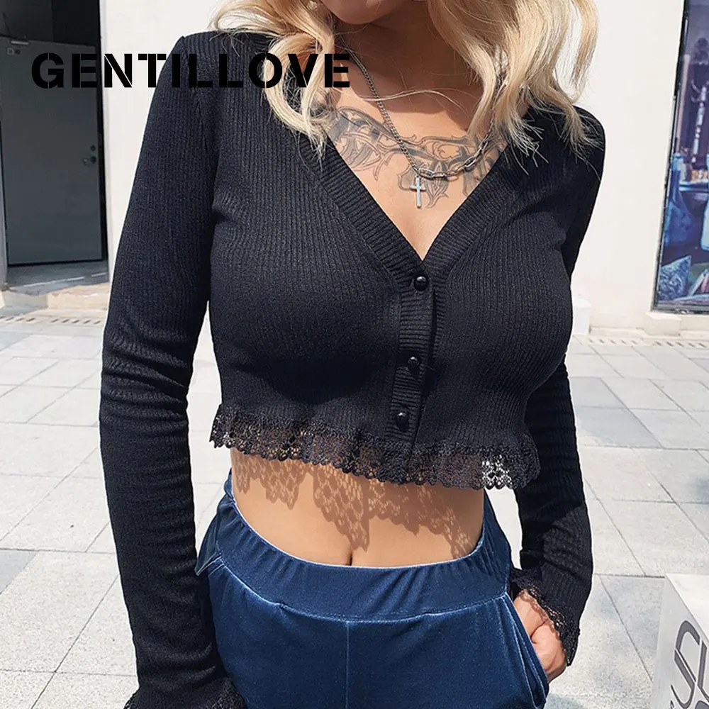 

Футболка Gentillove Женская универсальная, элегантный однобортный ТРИКОТАЖНЫЙ УКОРОЧЕННЫЙ ТОП с длинным рукавом, кружевная Лоскутная футболка ...