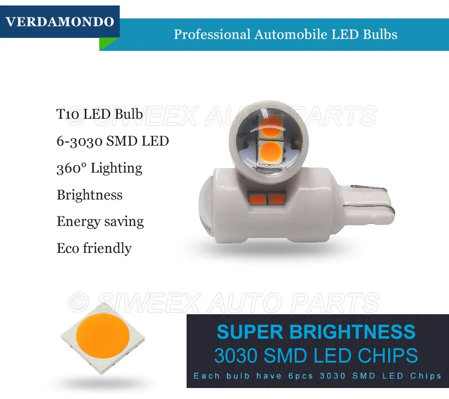 1 шт. T10 194 168 W5W 6 SMD 3030 керамические Автомобильные светодиодные лампы лампа для