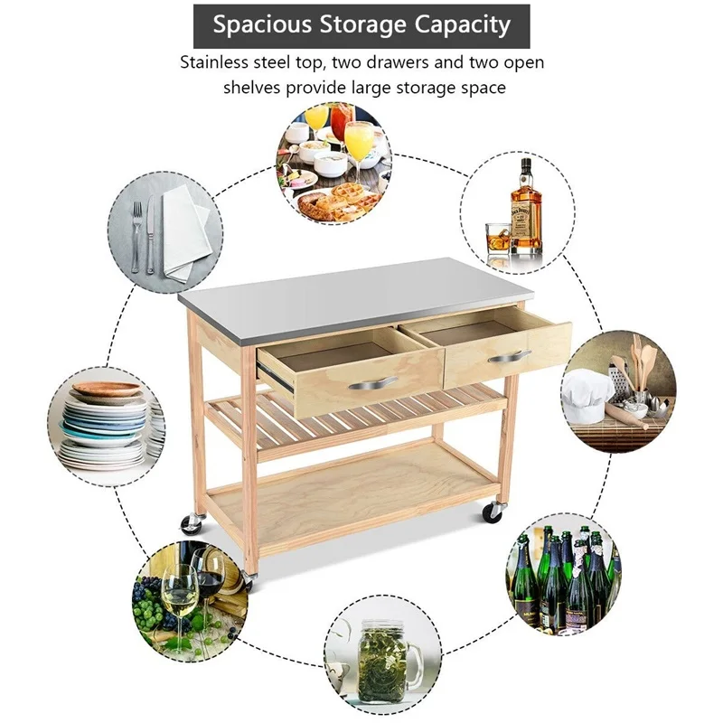 Портативная Кухонная Тележка с столешницей из нержавеющей стали 2 выдвижных