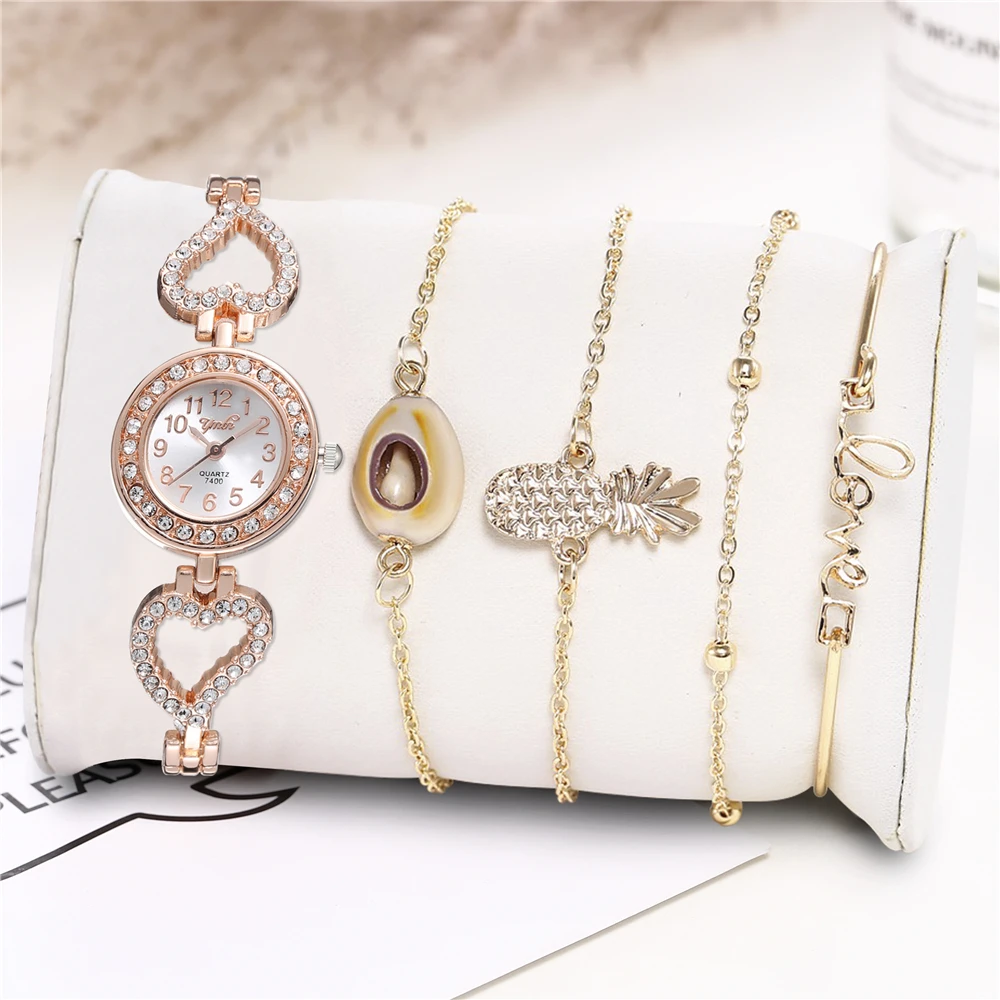 slb08-Rose gold 5 шт./компл. роскошные фирменные женские часы женские золотые часы с пряжкой модные повседневные женские наручные часы со стразами простой браслет набор - Цвет: slb08-Rose gold