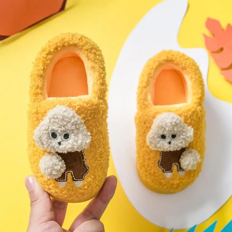 Winter Home Slippers Children Teddy Dog Cartoon Slippers Toddler Grils Flip Flops Baby Boy Skid Keep Warm Slippers For Kids - Цвет: Yellow