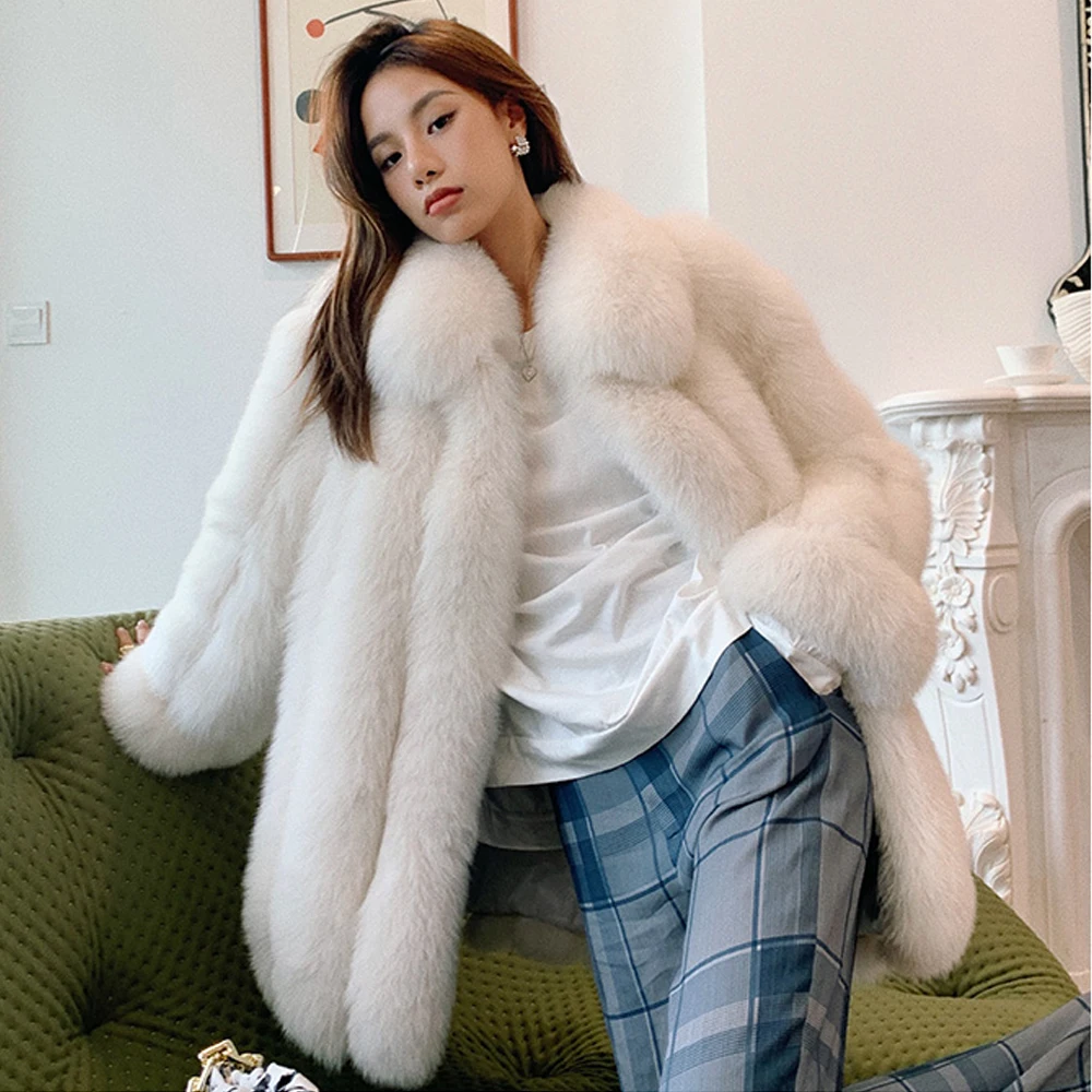 Winter Fashion Real Fox Fur Coat with Turn-down Collar Mid-length Women Natural Whole Skin Genuine Fox Fur Coat Female Outwear