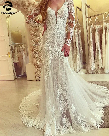 

New High Quality Elegant Wedding Dresses Backless Mermaid V-Neck Long Sleeve Appliques Lace Bridal Gown Custom Made