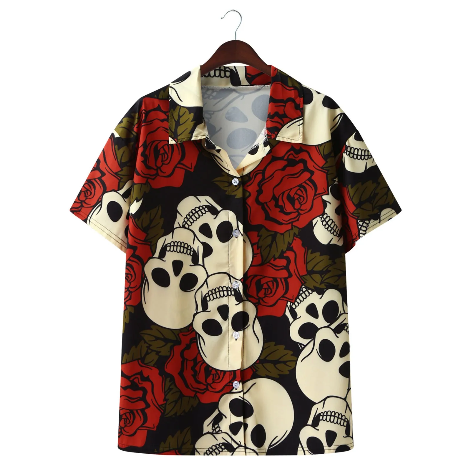 

Рубашка мужская с принтом черепа, короткий рукав, V-образный вырез, Повседневная пляжная блуза с принтом скелета, гавайская блузка, одежда дл...