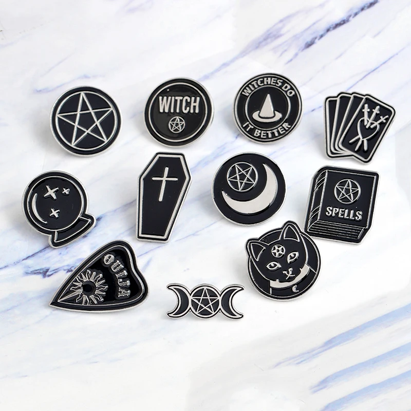 

Halloween Party Accessories Punk Dark Black Moon dagger heart crystal ball spells witches coffin Enamel lapel pin Badge