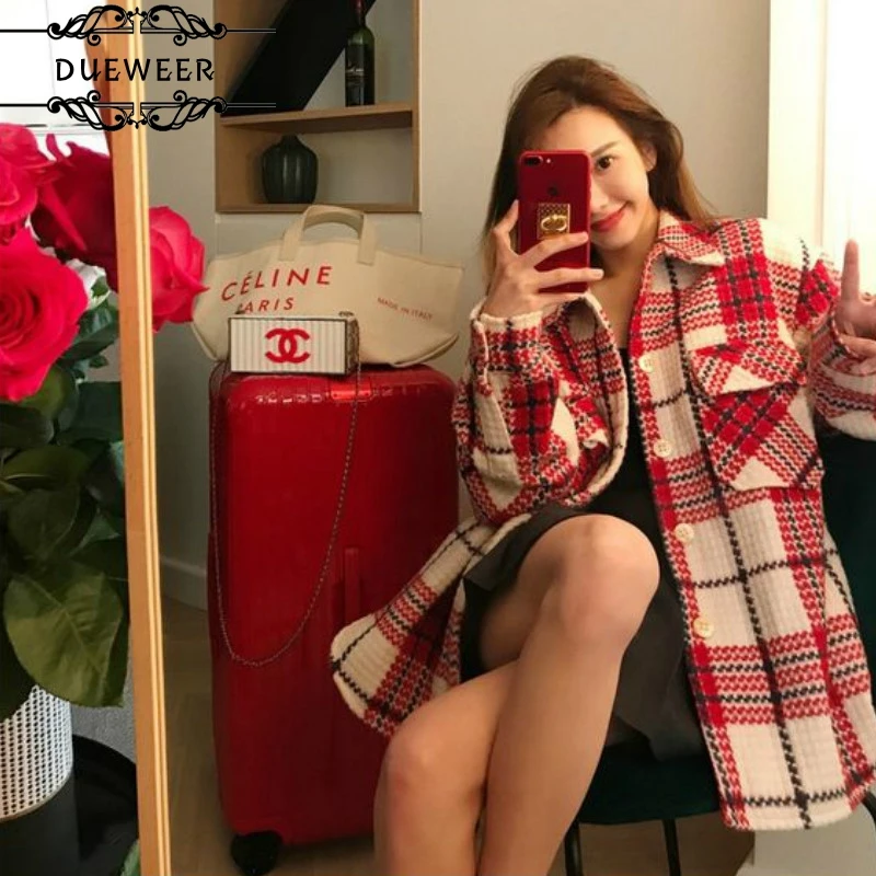 

DUEWEER Wool Blends Women Plaid Turn-down Collar Winter Single Breast Outwear Fashion Chic Casual Elegant Retro Ulzzang Simple