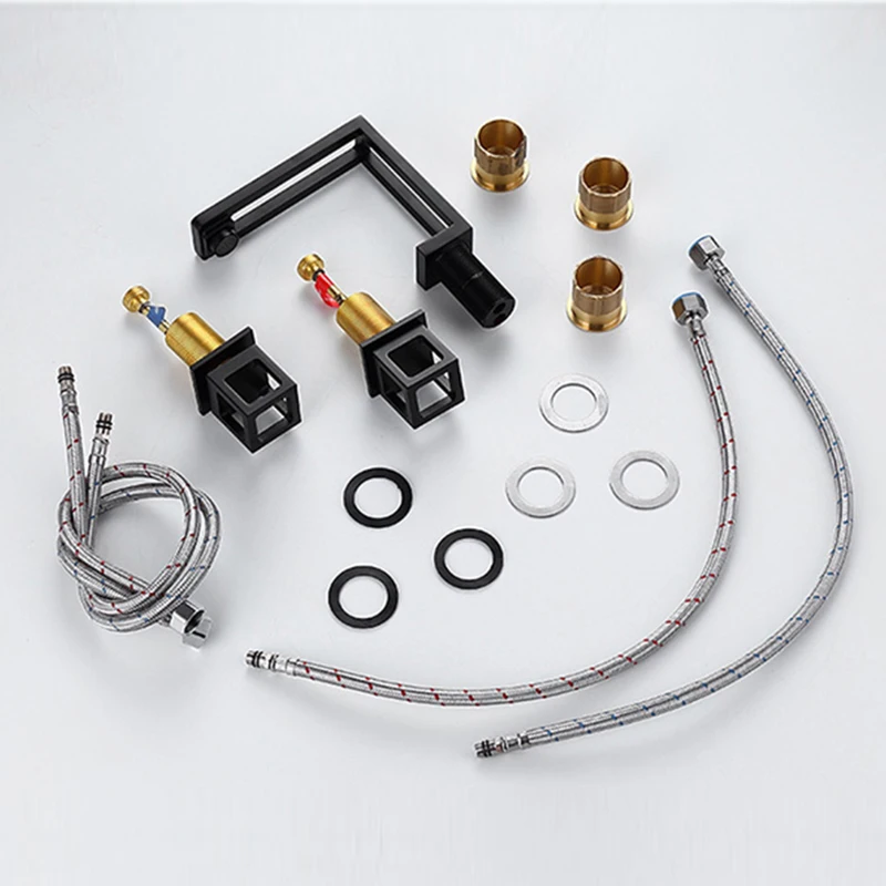 

Creative Geometric Visual Black Bathroom Faucet Brass hot and cold Basin Mixers Double Handle Three Hole Creative Faucet Tap 3PC