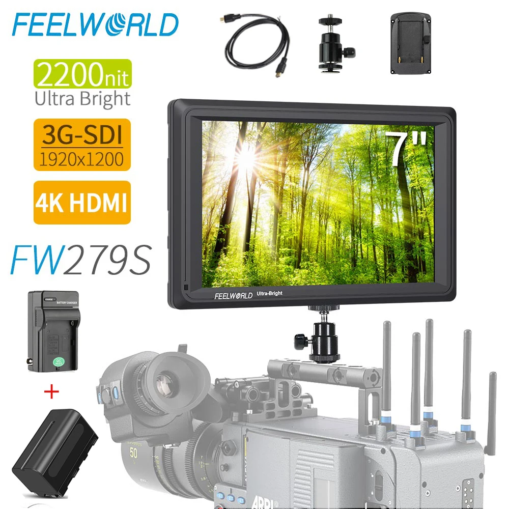 baratas FEELWORLD FW279S 7 Polegada 2200nit Daylight Visível 3G-SDI HDMI Na Câmera Monitor De Campo DSLR 4K HDMI 1920X1200 + Carregador De Bateria