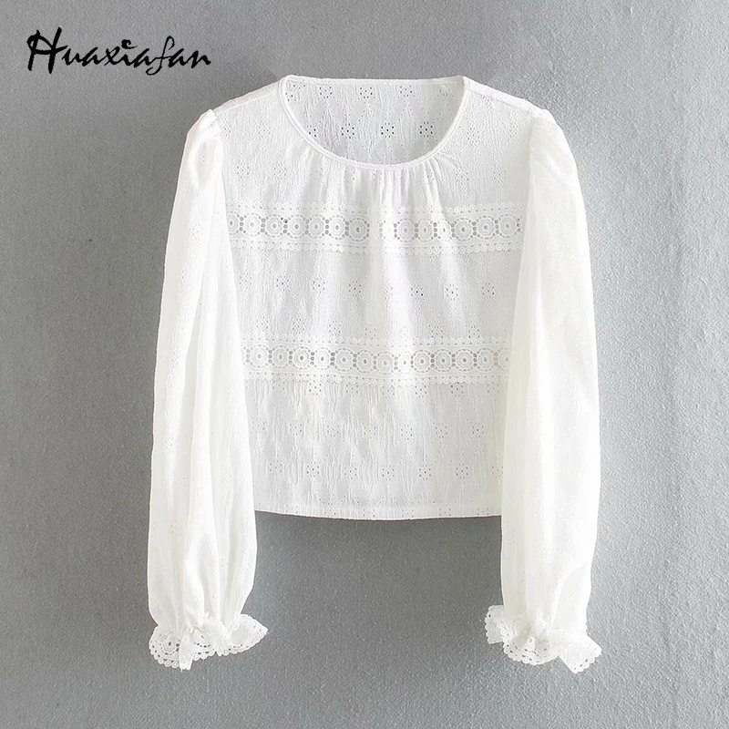 

Huaxiafan ZA White Blouses Women Lace Patchwork Tops Elegant Ladies Office Shirts Streetwear Blouse Female 2021 New Chic Fashion