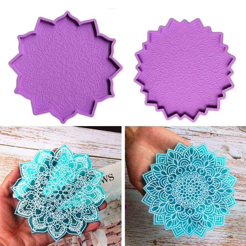 

2 Pcs Mandala Coaster Epoxy Resin Mold Flower Cup Mat Casting Silicone Mould DIY Crafts Ornaments Decorations Making Tools