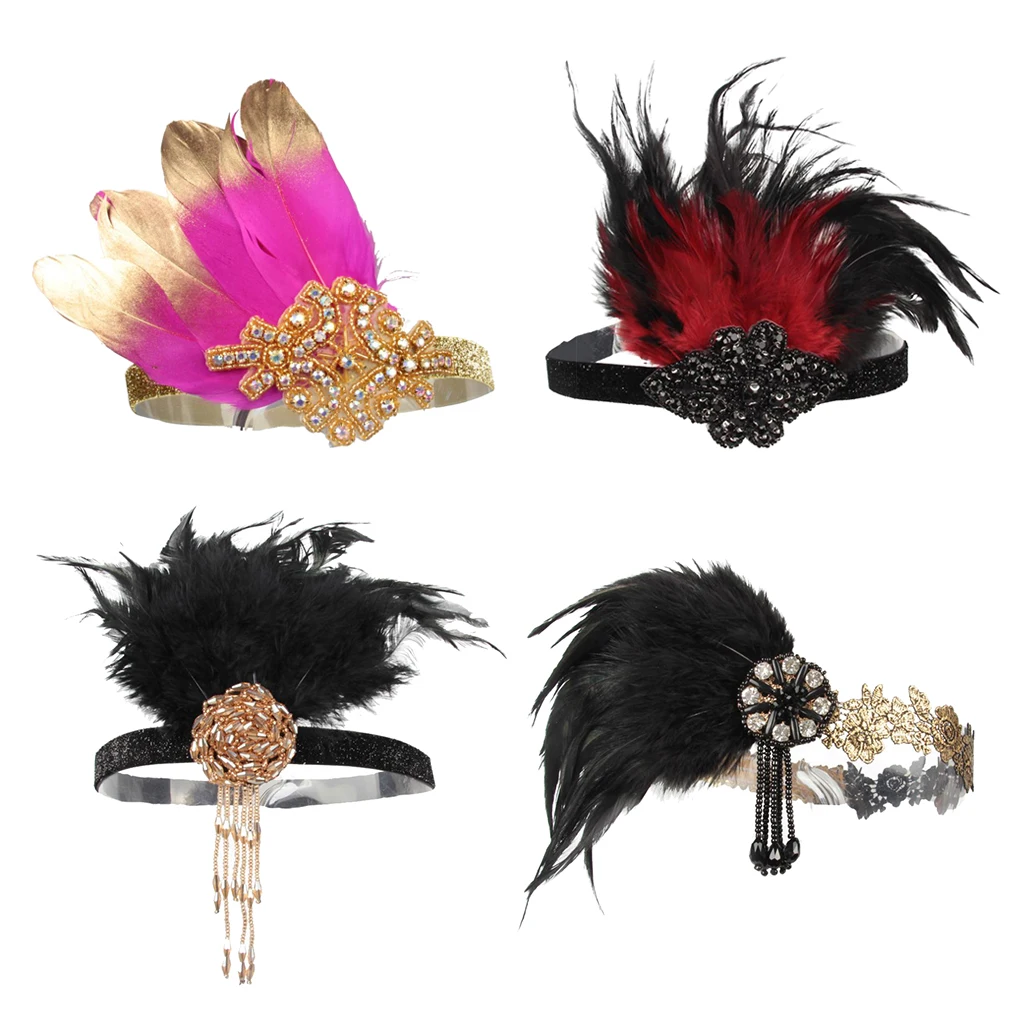 

Women's Vintage Feather Headband, 20s Flapper Headband - Roaring 1920s Headpiece, Black/Red