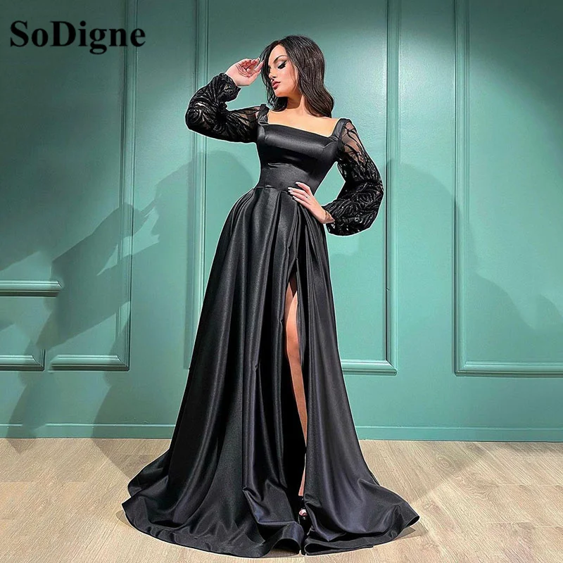 Купи SoDigne Black Satin Evening Dresses Long High Side Split Prom Dresses Lace Shiny Long Sleeves Celebrity Party Gowns Women Dress за 5,187 рублей в магазине AliExpress