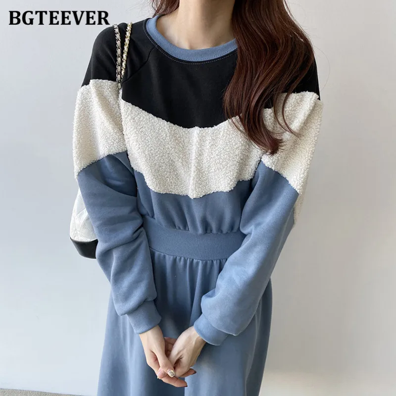 

BGTEEVER Stylish O-neck Thick Women Patchwork Sweatshirt Dress Winter Full Sleeve Elastic Waist Female A-line Pullover Vestidos