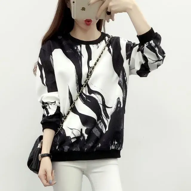 

Spring and Autumn Korean Style Student Women's Loose and Plus-sized Spring All-match Printed Long-Sleeved Upper