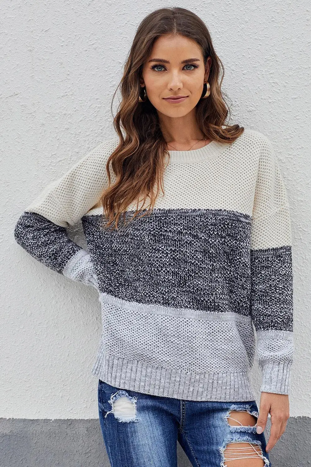 Echoine Black/Yellow/Blue/Gray/Khaki Color Block Netted Texture Pullover Sweater Winter O Neck Long Sleeve Warm Top | Женская одежда