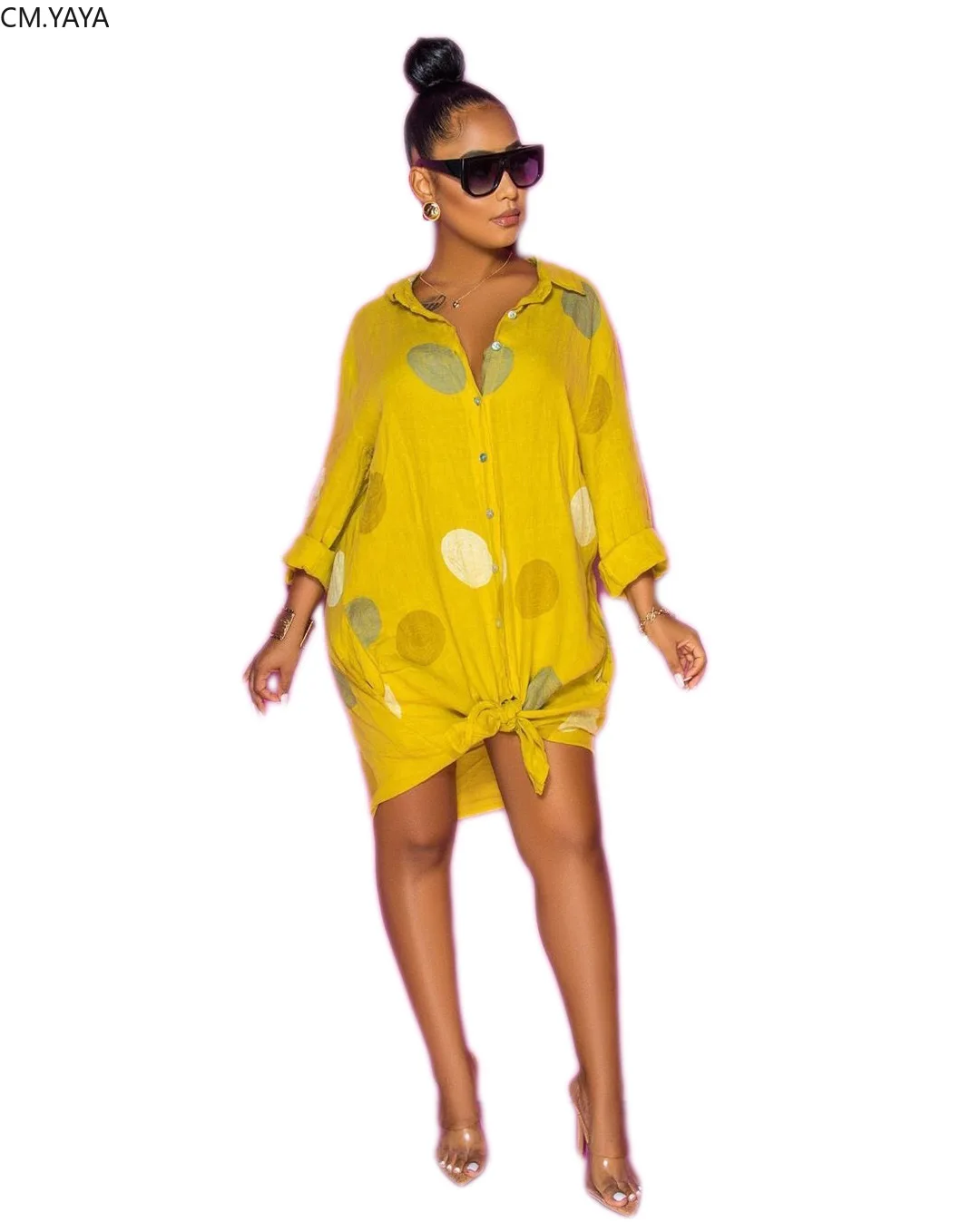 Женская блузка в горошек CM.YAYA свободное Повседневное платье с длинным рукавом