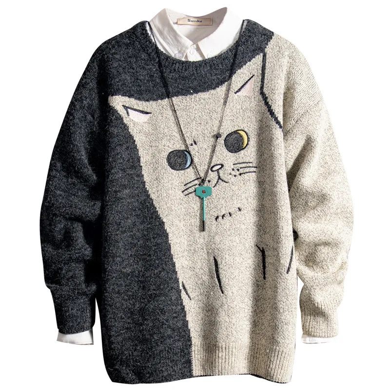 

Wholesale 2020 embroidery teenagers casual Couple cat sweater men's autumn and winter lazy warmth base thick plus velvet sweater