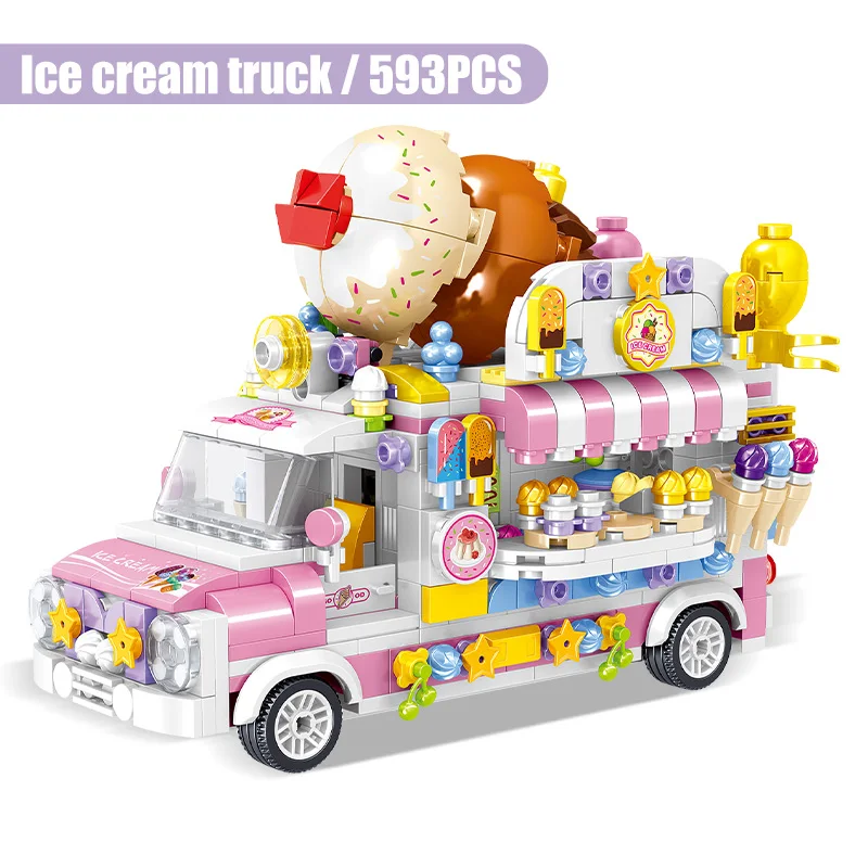 New MIni Movable Food Trucks Fruit Dessert Ice Cream Cake Sushi Burger Cars Building Blocks Stitchin Toys Girl Birthday For | Игрушки и