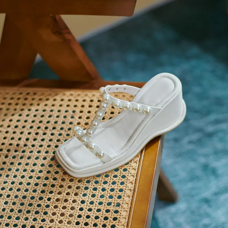 

Summer Women Slippers Genuine Leather Cowhide 7cm Wedges Non-slip Soles Beaded Shoes European Minimalist Sandals Sandals Outside