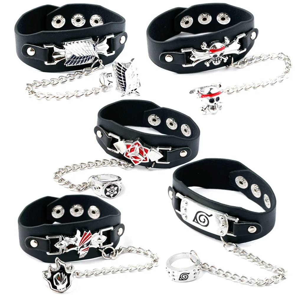 

1 Pcs/set Japan Anime Uzumaki Uchiha Sasuke Konoha Attack on Titan ONE PIECE Punk Leather Bracelet Ring Cosplay Accessories