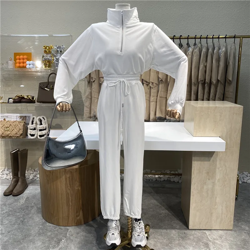

Niche Design 2021 New Half Zipper Collar Long-sleeved Casual Hoodie + Show Thin Loose Tall Waist Trousers Suit