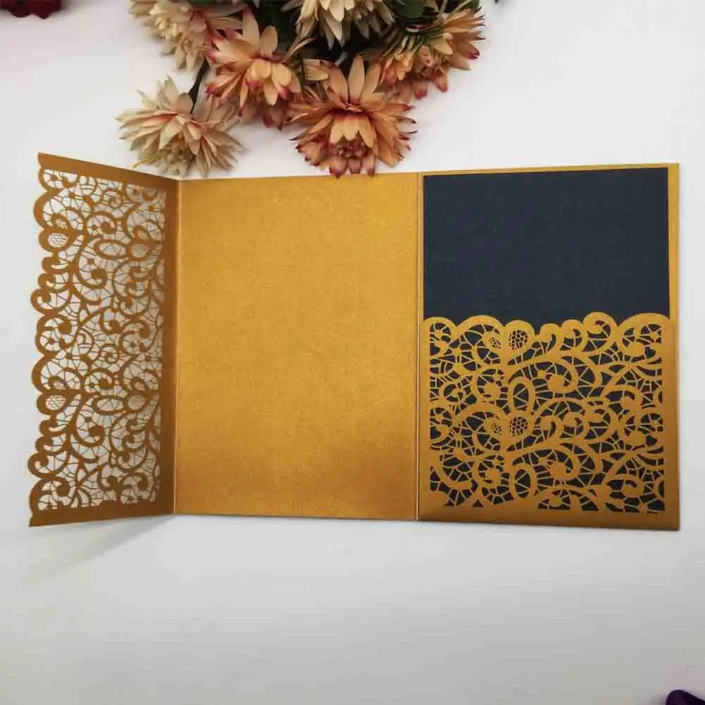 

100pcs Burgundy Navy Blue Rose Gold Purpe Flower Tri-fold Laser Cut Pocket Wedding Invitation Card Invite Envelope