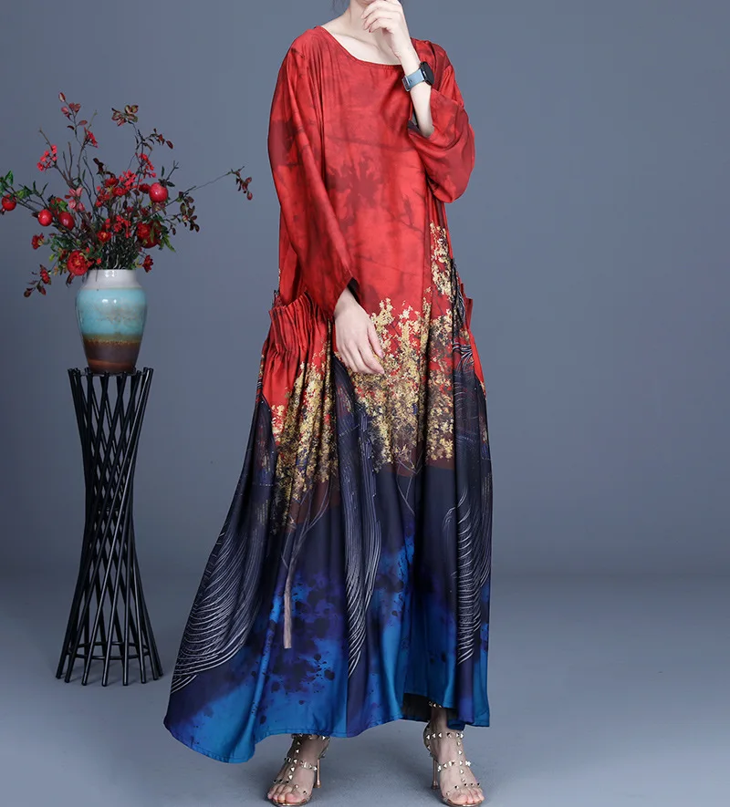 

2021 Spring and Summer Fashion Comfortable Loose Nine-point Sleeve Dress Elegant Retro Printing Stitching V-neck Female Dress