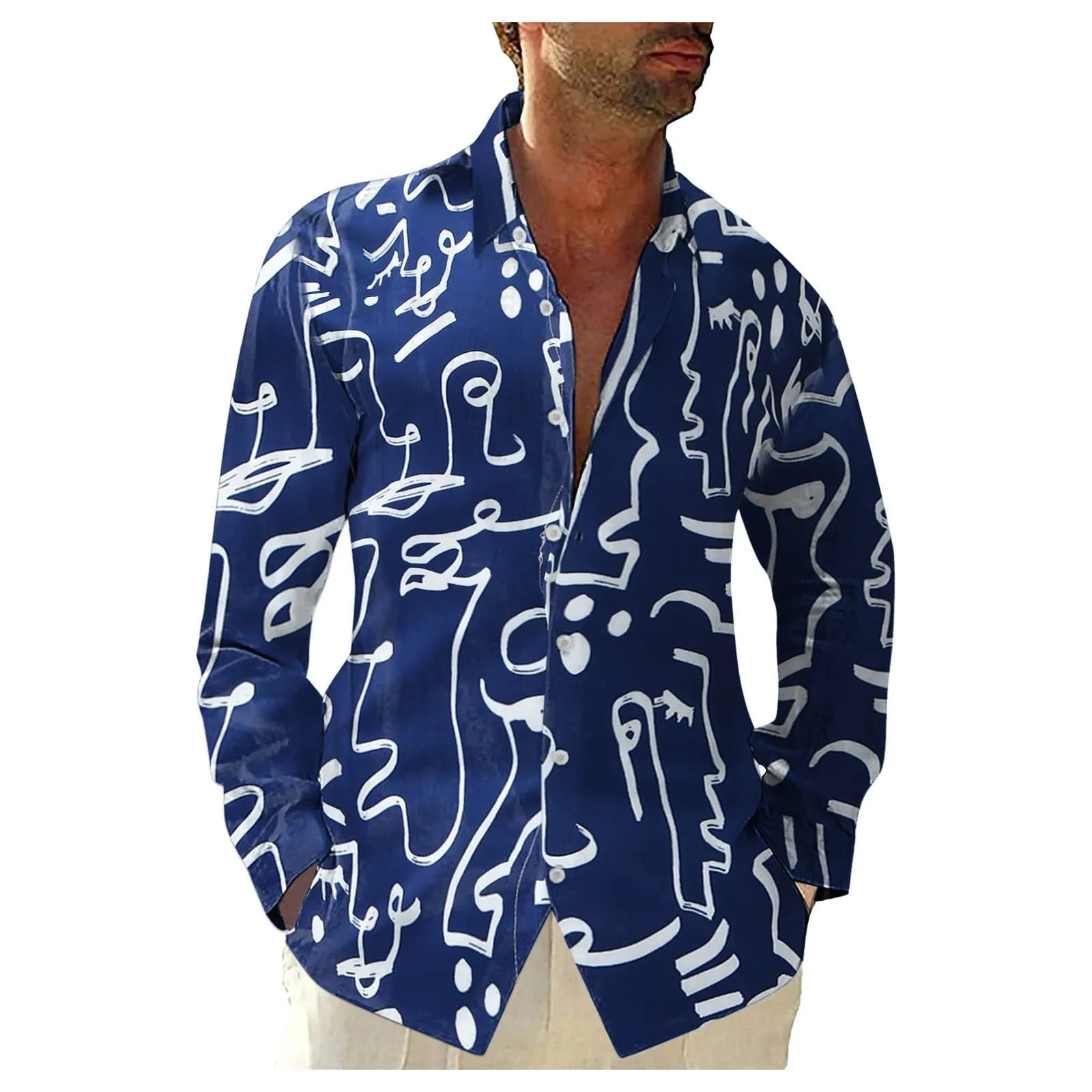 

Printed Men's Casual Loose Sleeved Lapel Large Shirt SIze Long Men Shirts