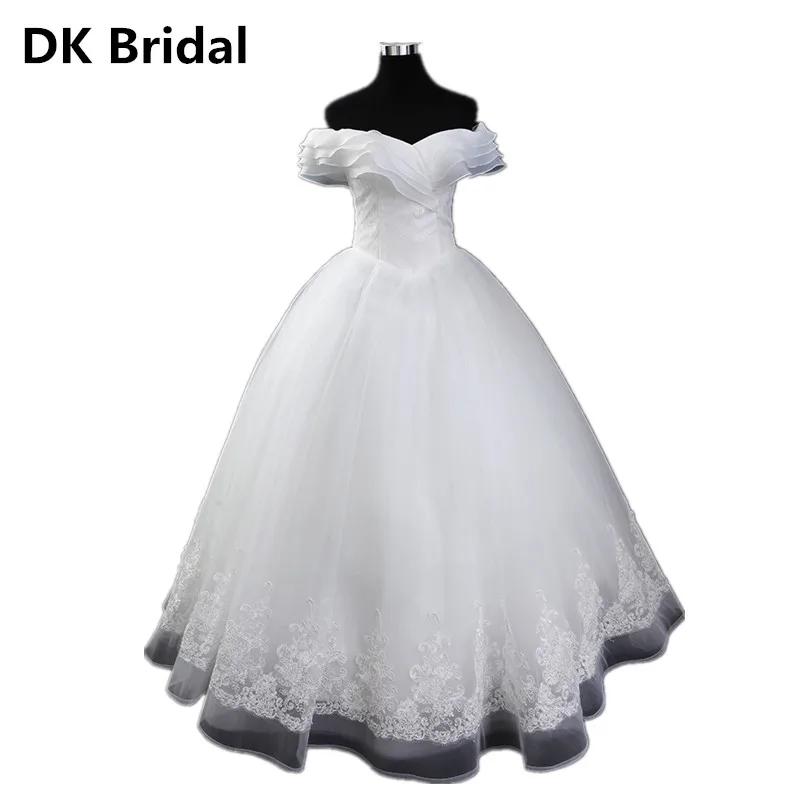 

Robe De Marriage Boat Neck White/ Ivory Ball Gown Wedding Dress Applique Lace Ruffles Organza Bridal Gowns Vestige De Noiva