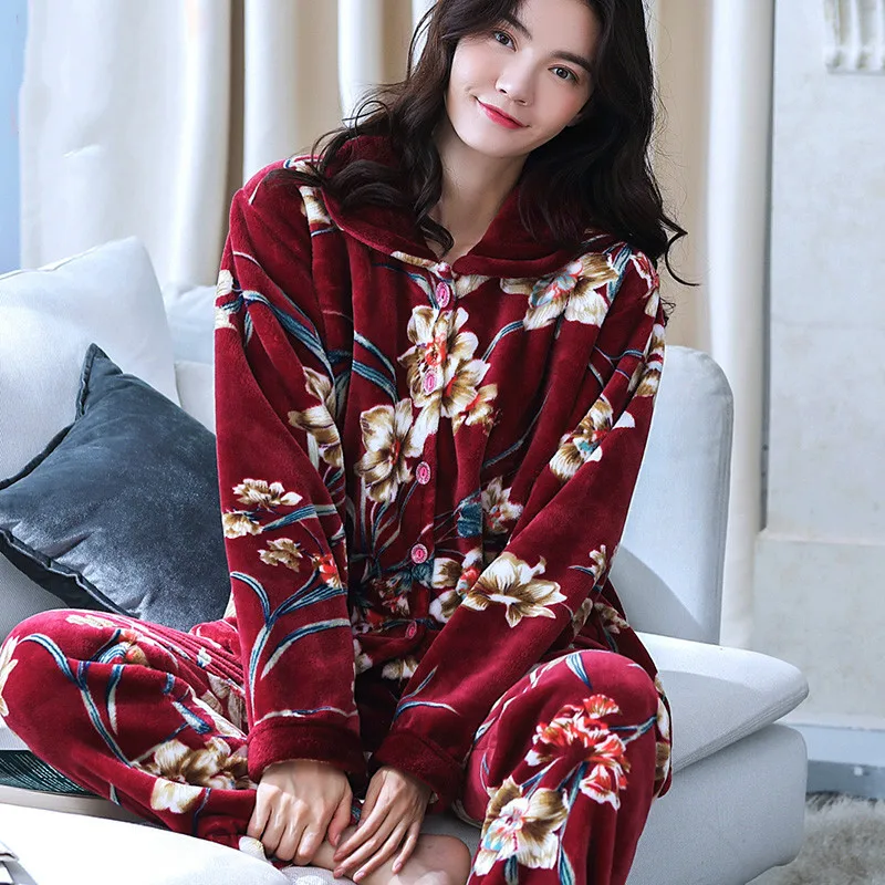 StyleS H5823 плюшевый женский Пижамный костюм женский уплотненный коралловый флис Домашняя одежда Ночная Рубашка Фланелевая пижама с длинными рукавами Осень-зима - Цвет: StyleS