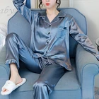 Пижамный комплект Женский атласный, Шелковый комплект с длинным рукавом, одежда для сна, размера плюс