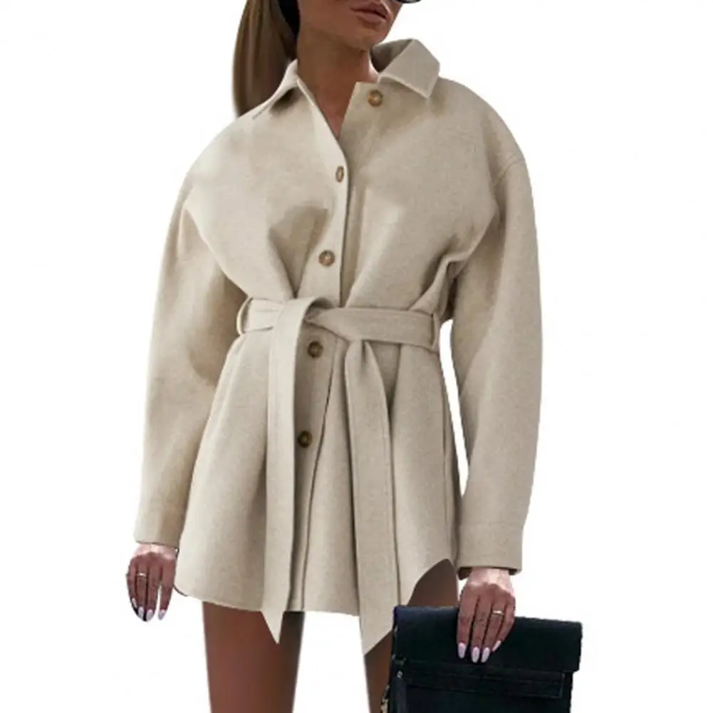 Женское повседневное пальто с V-образным вырезом теплое шерстяное для работы