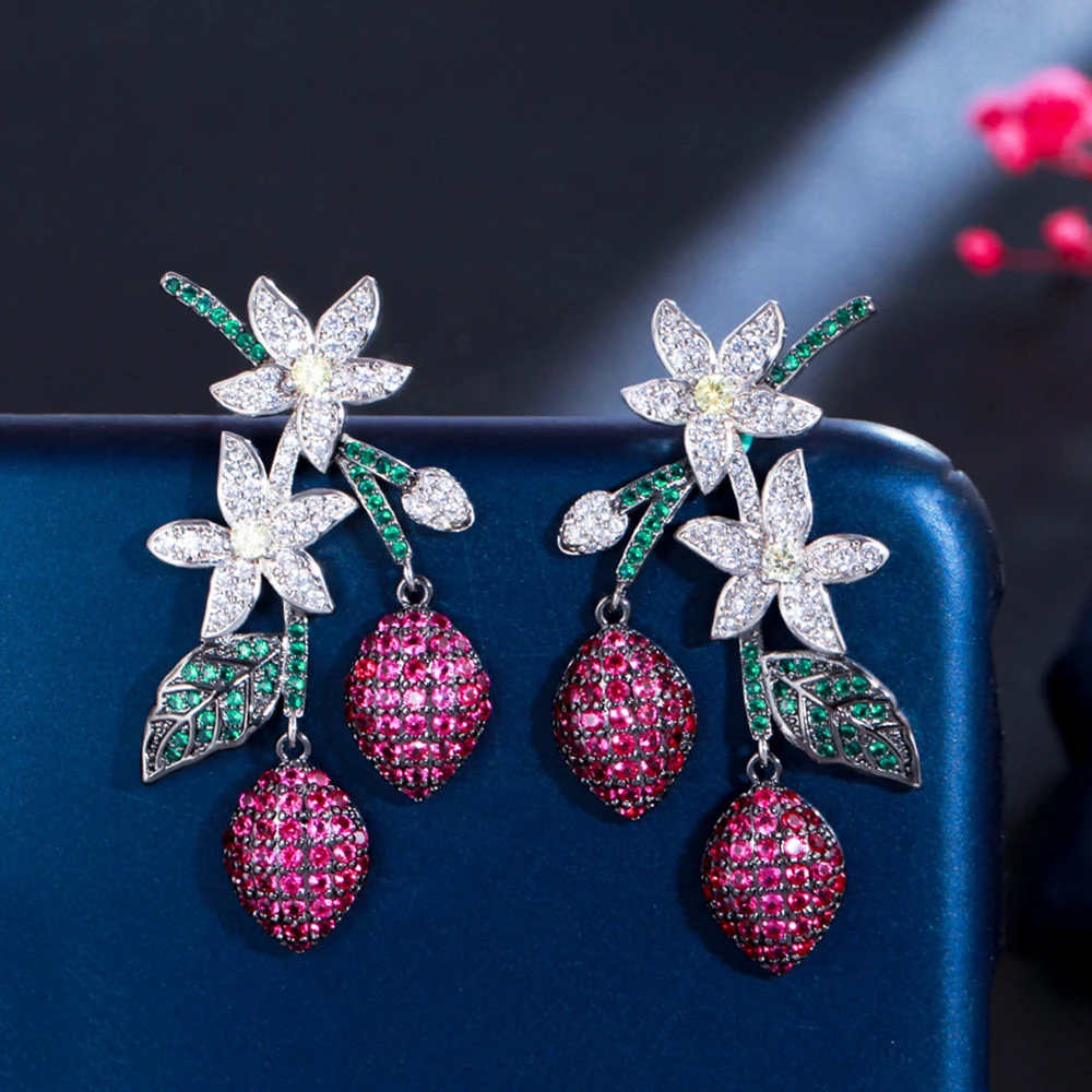 

BeaQueen Trendy Festive Earrings 2022 Vintage Red Green Flowers Cubic Zirconia Jewelry for Women Wedding Dress Accessories E434