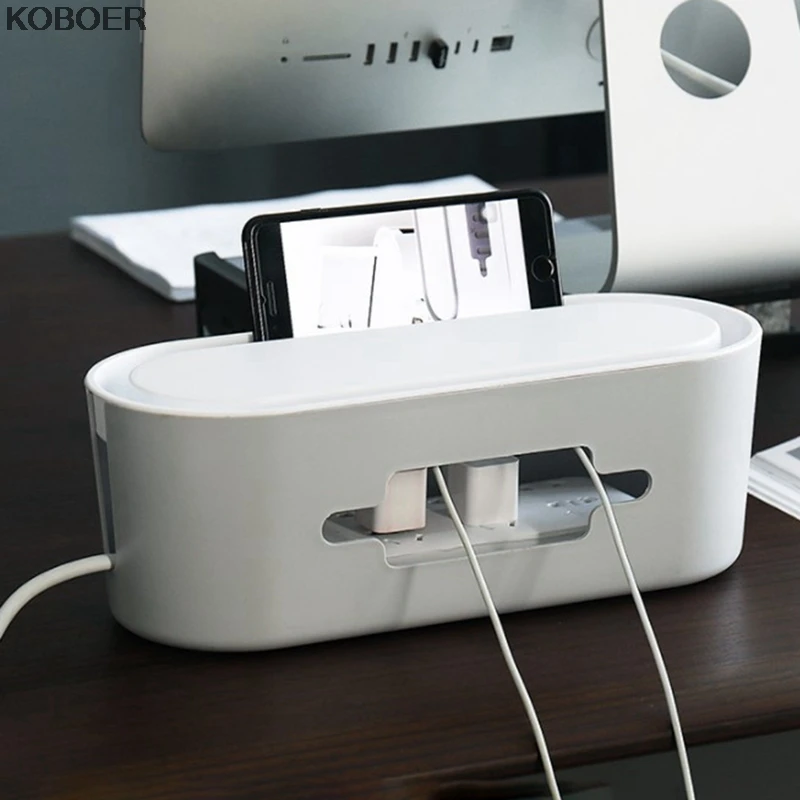 

White Cable Storage Box Desktop Power Strip Wire Network Line Charger Socket Finishing Organizer with Wooden Cover