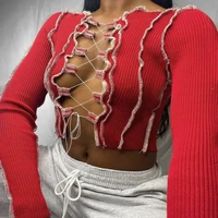 patchwork lace up long sleeve crop tops women ribbed sexy party knitwear t shirt hollow out bodycon club tie front top spring