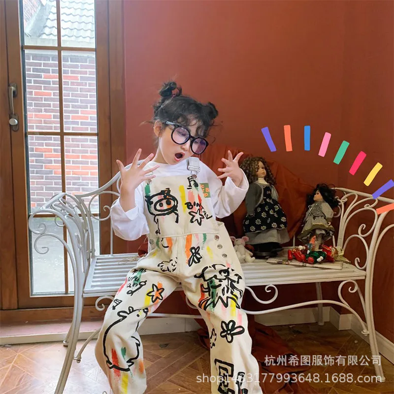 Новинка Весна 2020 штаны для девочек корейские Мультяшные с задним ремнем