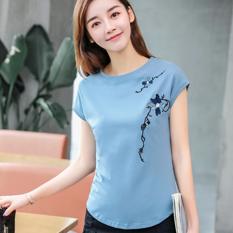 

Женская хлопковая Футболка Camiseta, летний топ с цветочной вышивкой, с коротким рукавом, в Корейском стиле, 2020