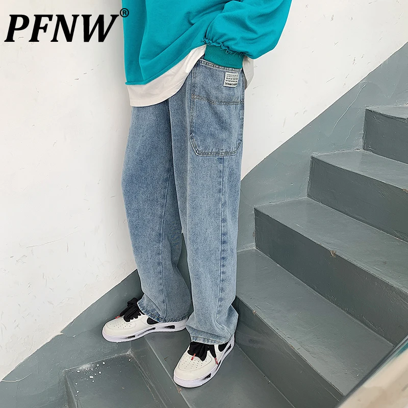 

PFNW 2021 New Hip Hop Cowboy Clothes Men's High Street Ins Fashion Blue Trousers Loose Straight Jeans Work Wide Pants 12X1198
