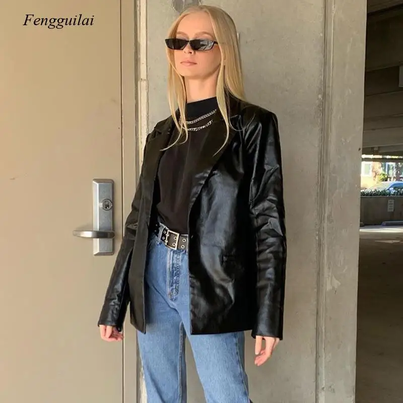 

Fall/winter Women's Fashion Pu Faux Leather Jacket Women's Harajuku Black Jacket Long Sleeve Blazer Lapel Coat