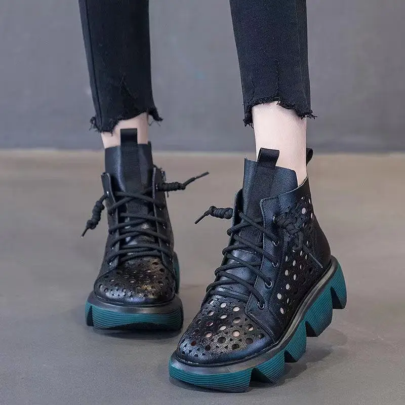 

Spring Sponge Cake Soft Women Summer Boots Female Thick Bottom Hollow Out Breathable Martin Boots Retro Women Ankle Boots
