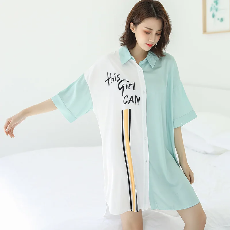 

Short Sleeve Nightwear Green Print Flower Sleepshirt Female Home Dressing Gown Intimate Lingerie Sexy Sleepwear Nightgown