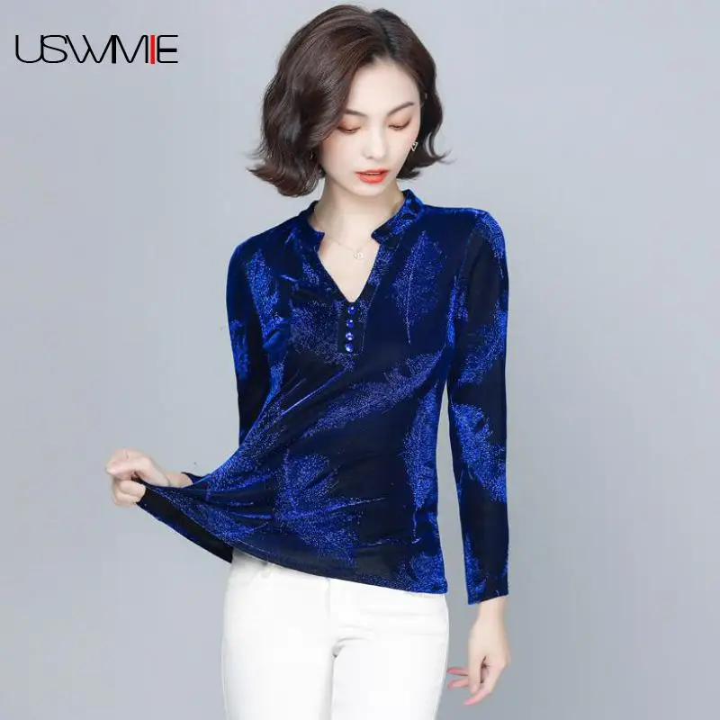 

Женская бархатная футболка, с длинным рукавом и V-образным вырезом